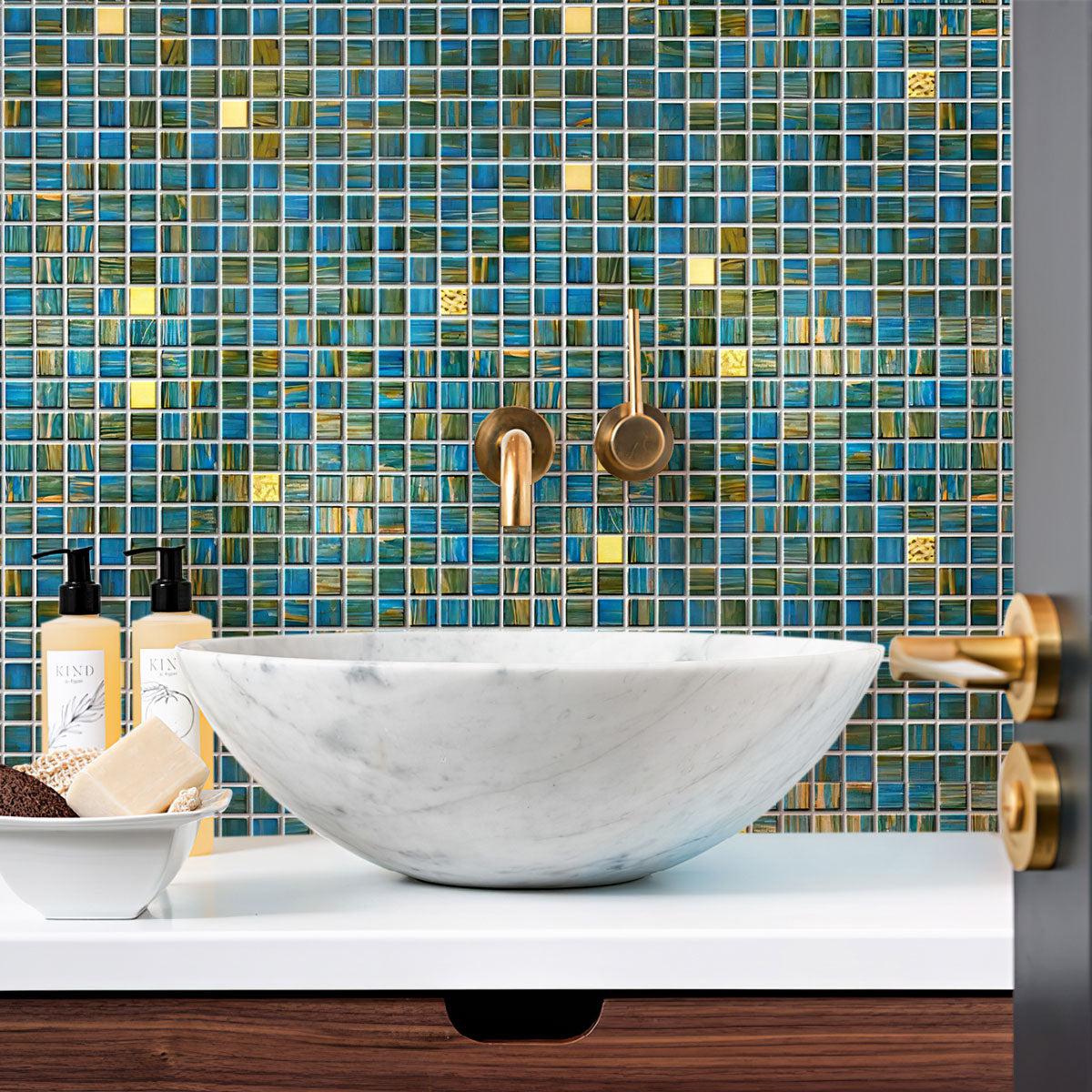 Mermaid Blue Mixed Squares Glass Tile Bathroom Backsplash