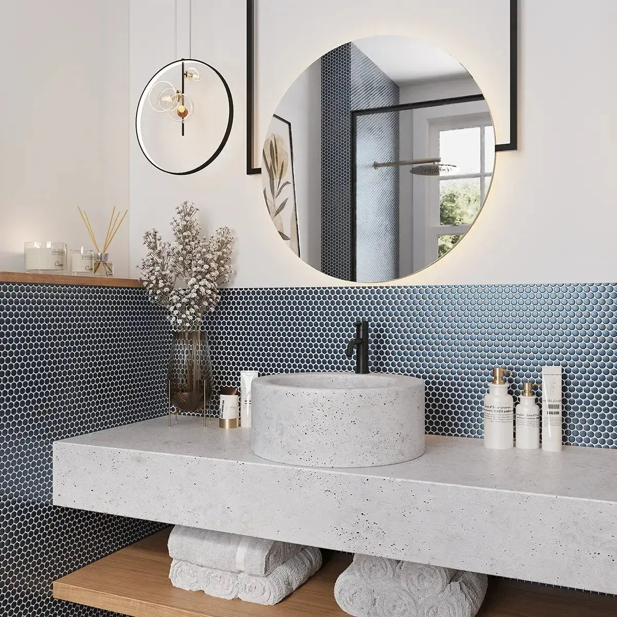 Metallic Blue Buttons Porcelain Penny Round Tile | Tile Club