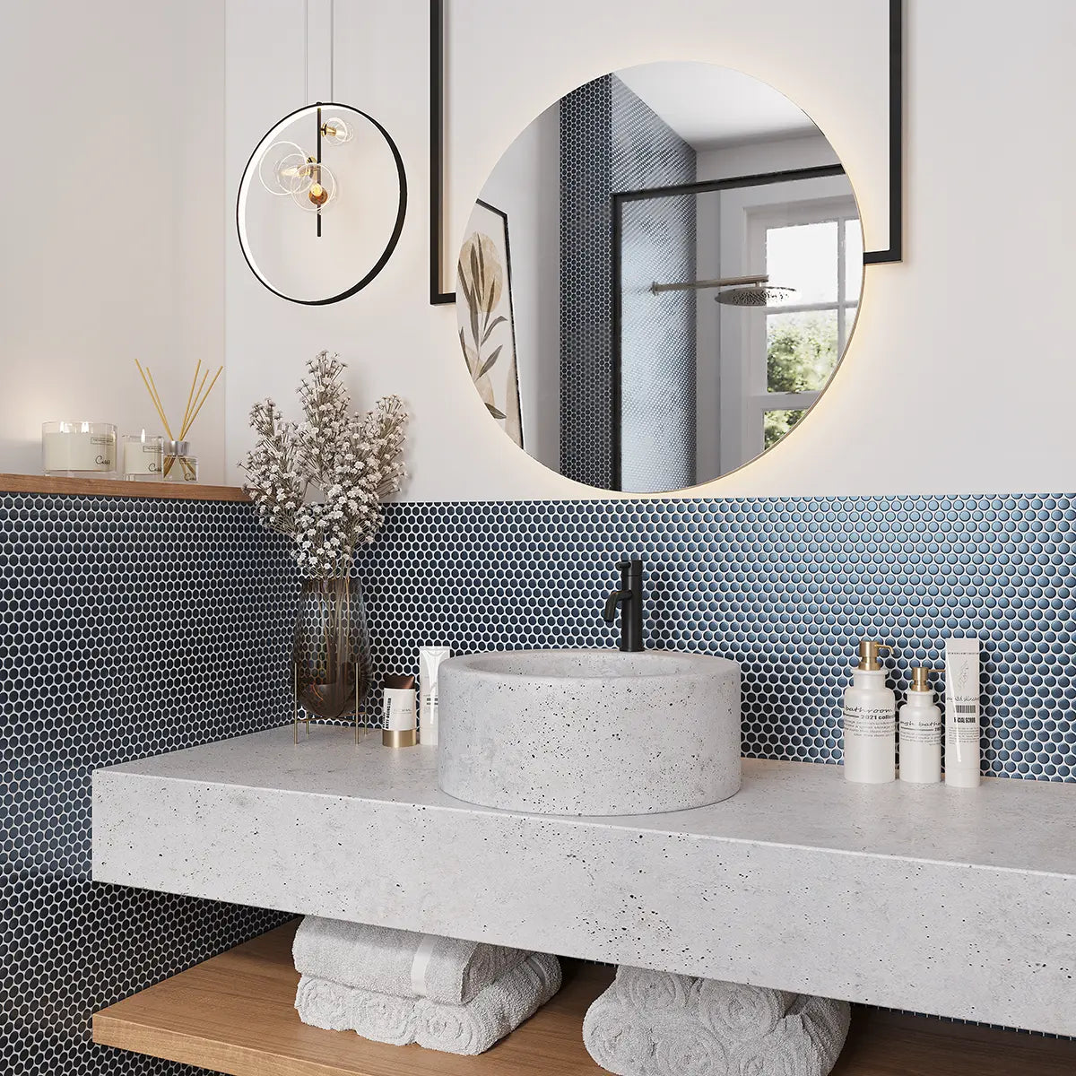 Metallic Blue Buttons Porcelain Penny Round Tile | Tile Club