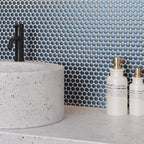 Metallic Blue Buttons Porcelain Penny Round Tile Vanity Backsplash