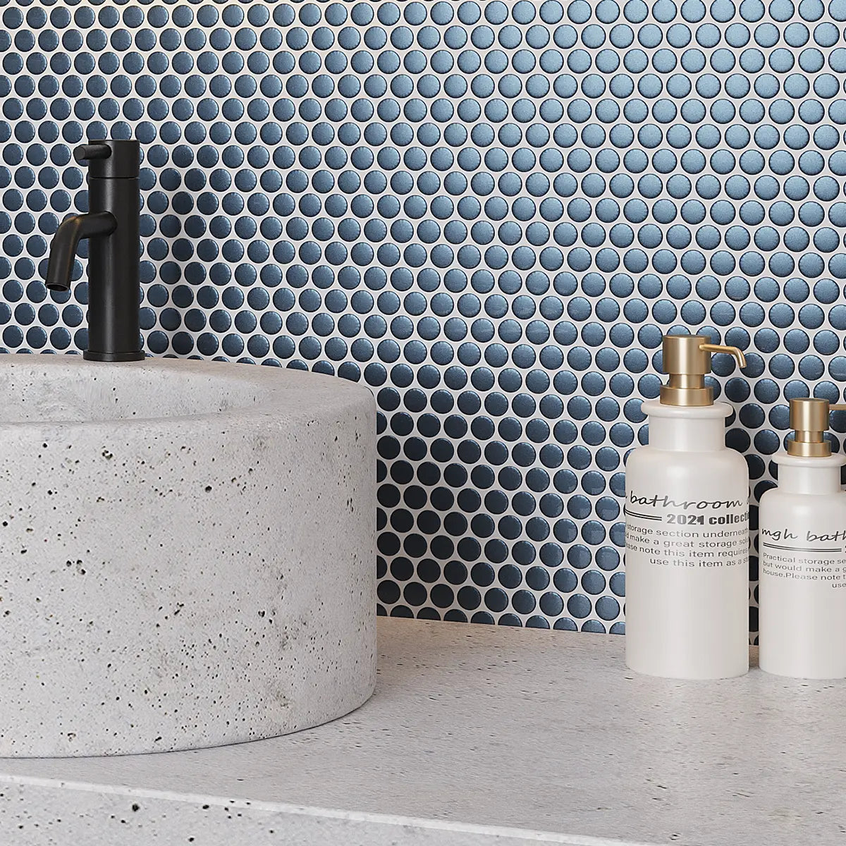 Metallic Blue Buttons Porcelain Penny Round Tile Vanity Backsplash