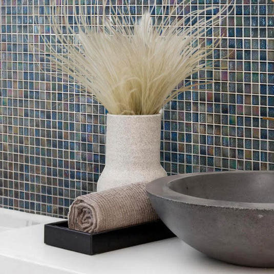 Metallic Deep Blue Foiled Squares Glass Tile | Tile Club