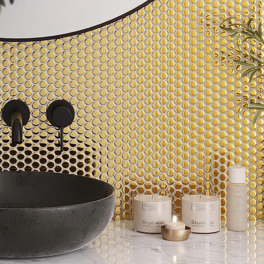 Metallic Gold Buttons Porcelain Penny Round Tile