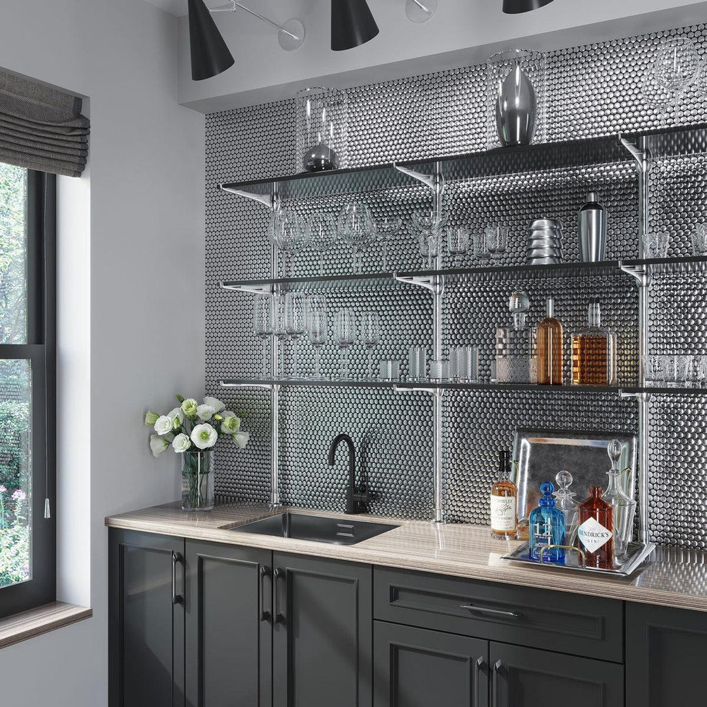 glossy silver penny round porcelain tile wet bar backsplash