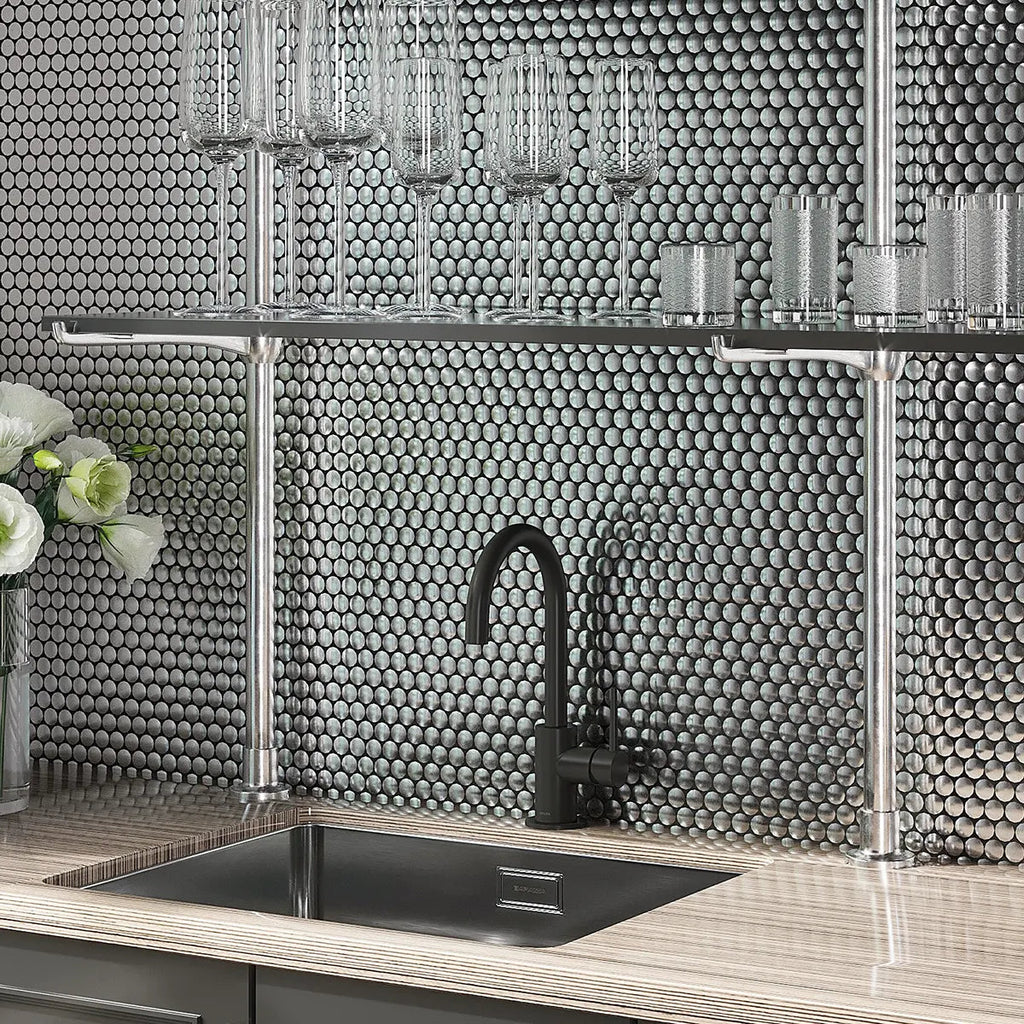 Metallic Silver Buttons Porcelain Penny Round Tile Bar Backsplash