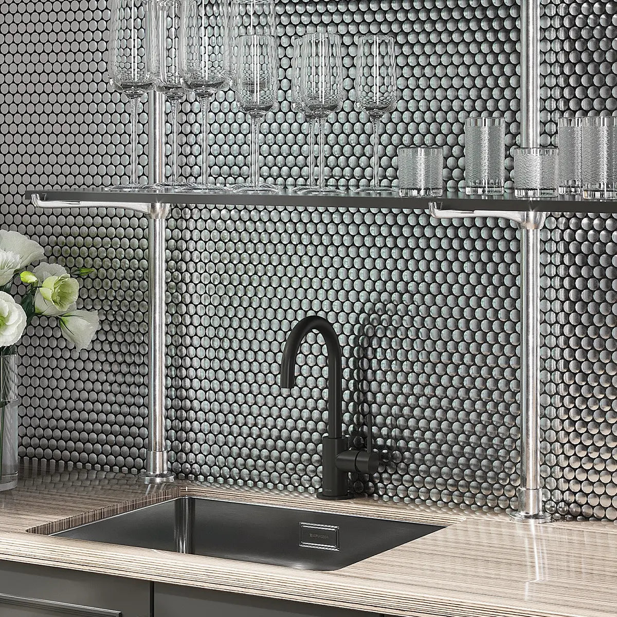 Metallic Silver Buttons Porcelain Penny Round Tile Bar Backsplash