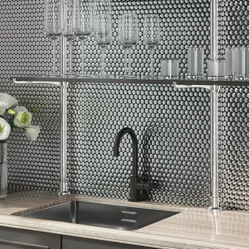 Metallic Silver Buttons Porcelain Penny Round Tile Bar Backsplash