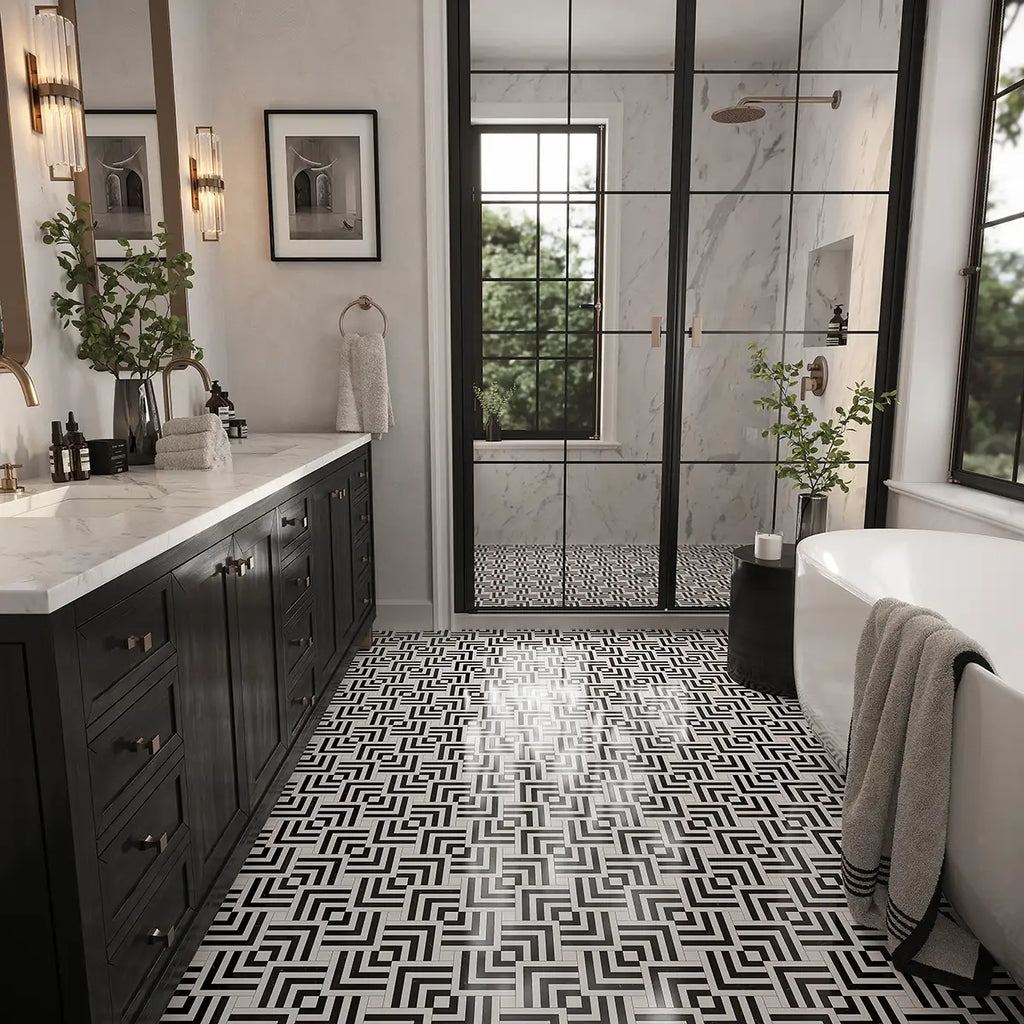 Midnight Black and White Marble Square Weave Mosaic Tile | Tile Club