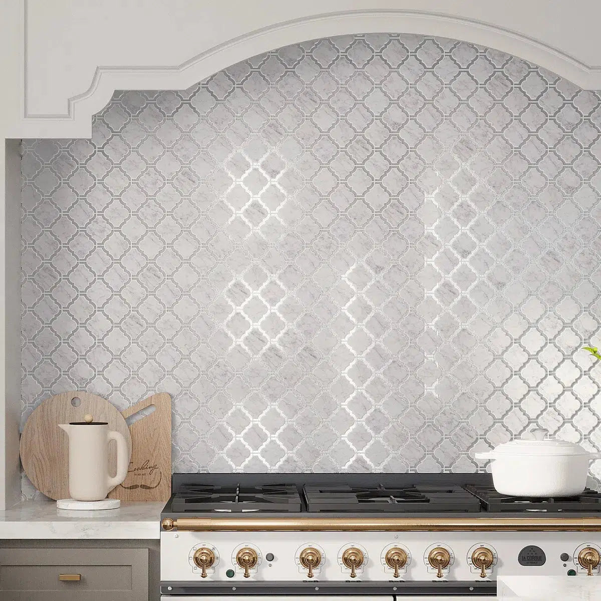 Lantern shaped marble tile kitchen backsplash