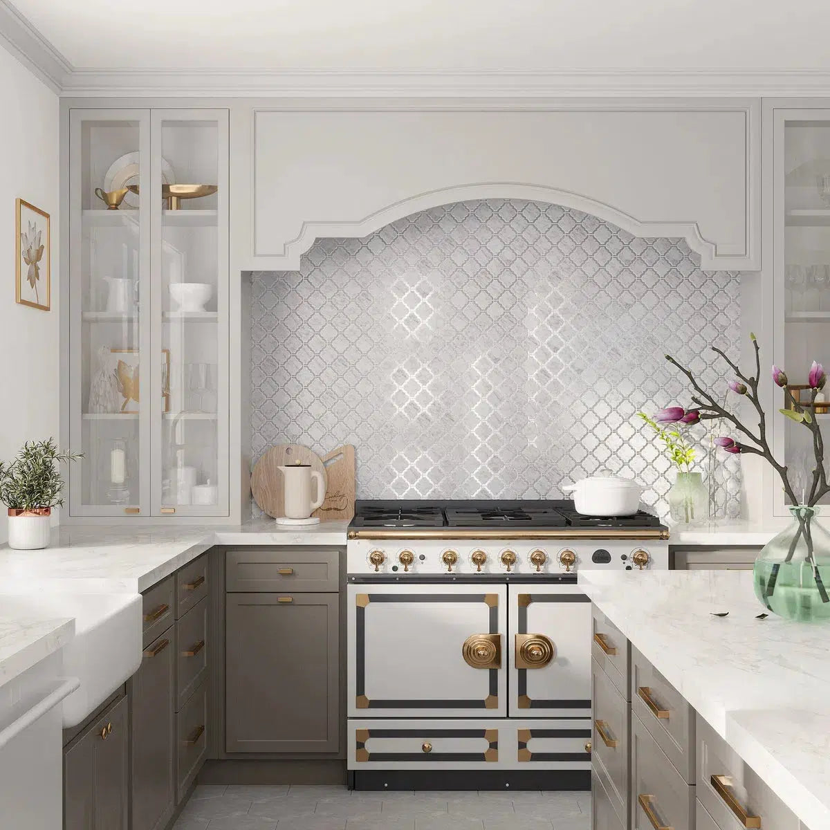 Marble and glass tile kitchen backsplash