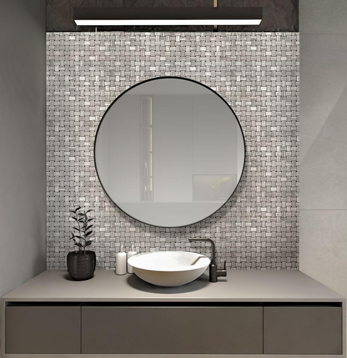 Mini basketweave wooden beige marble tile bathroom sink backsplash