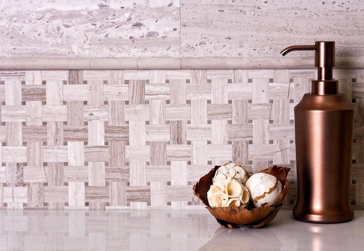 Mini Basket Weave Wooden Beige Marble Mosaic Bathroom Wall