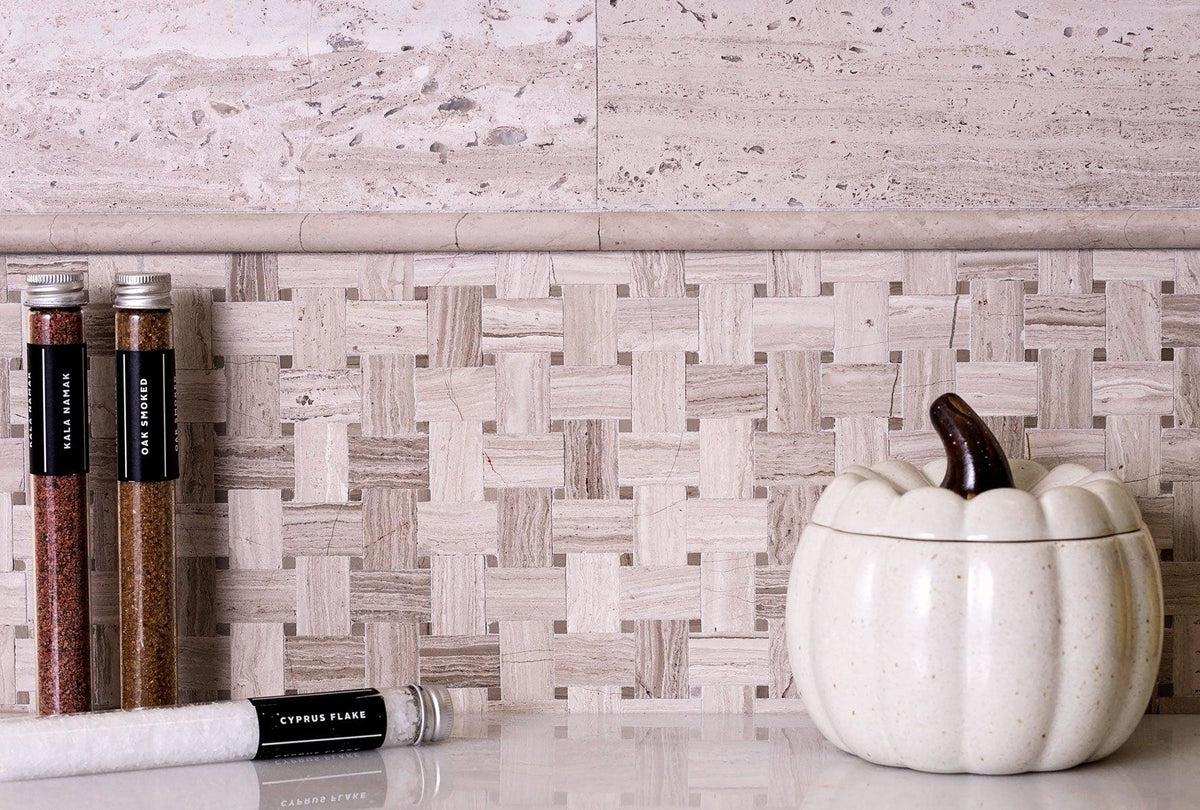 Mini Basket Weave Wooden Beige Marble Mosaic | Tile Club
