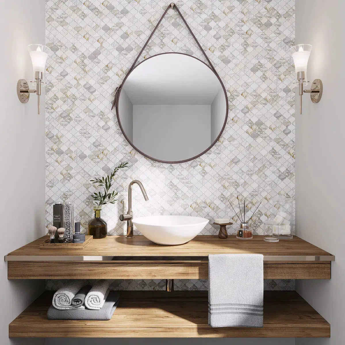 Natural bathroom with wood vanity and Calacatta Gold arabesque tile walls