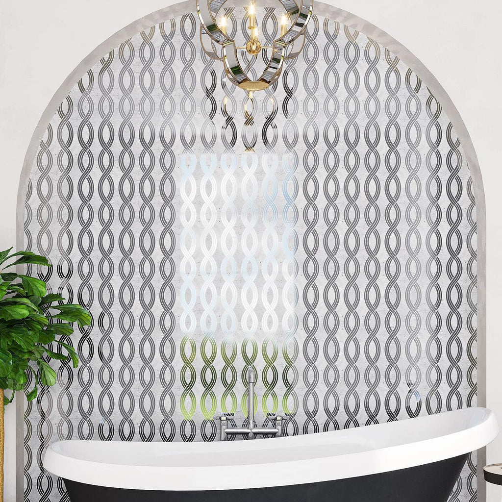 Arched bathroom accent wall with Mirror Ribbon Carrara & Mirror Mosaic Tile
