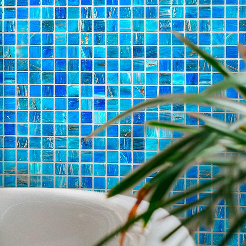 Mixed Blue & Gold Squares Glass Pool Tile | Tile Club