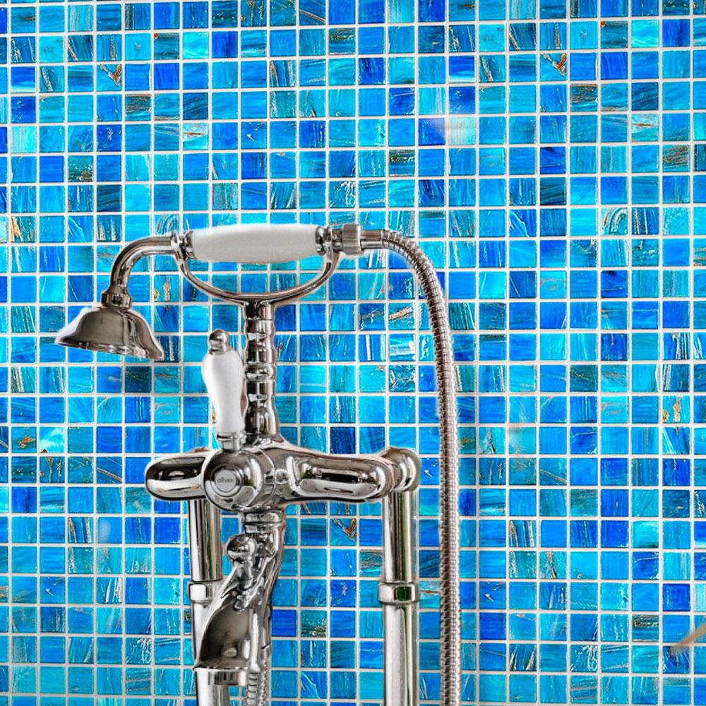 Mixed Blue & Gold Squares Glass Pool Tile | Tile Club
