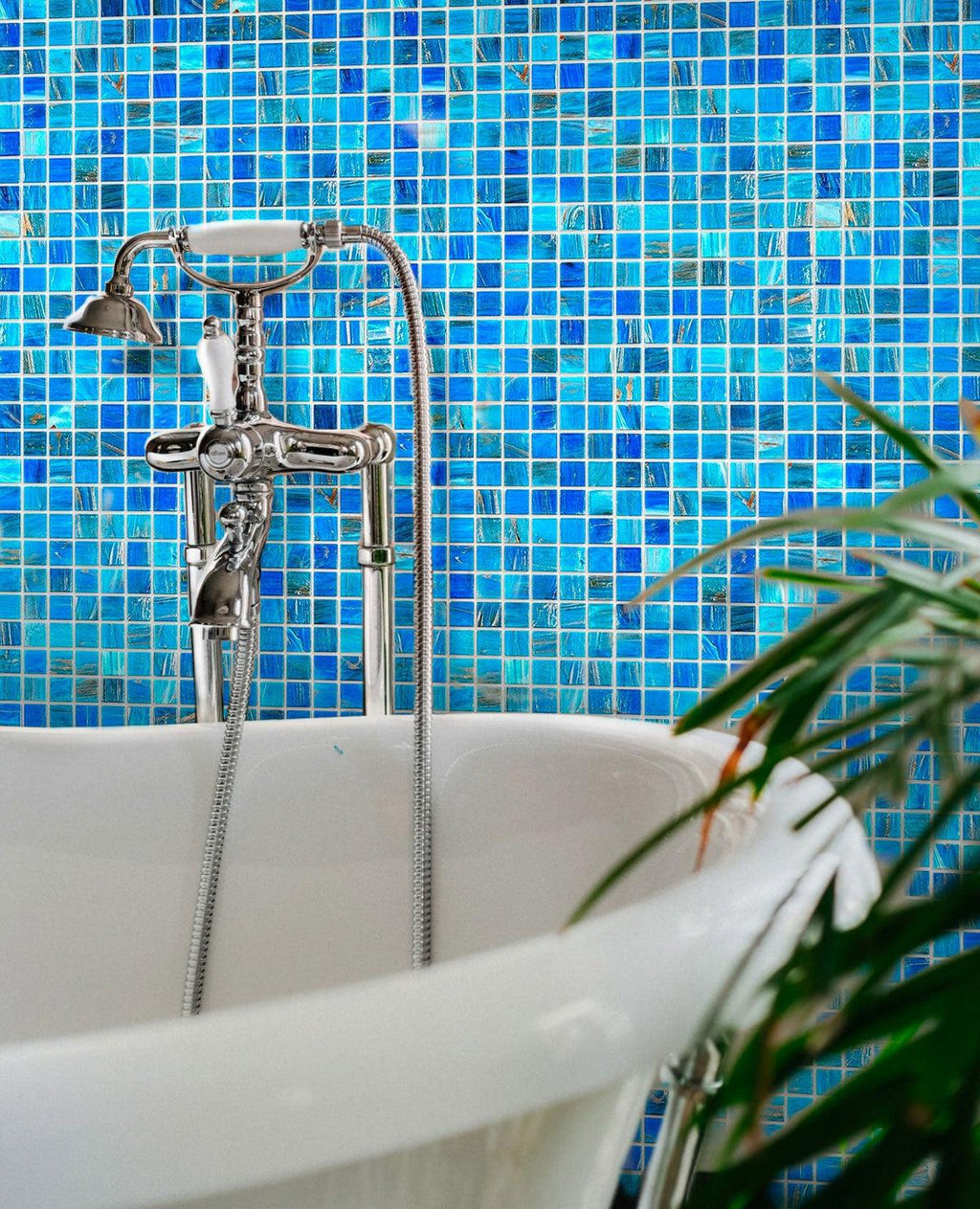 Mixed Blue & Gold Squares Glass Pool Tile Bathroom Backsplash