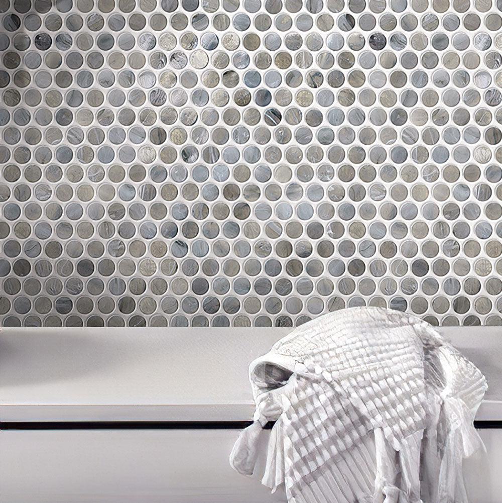 Mixed Gray Glass Penny Round Mosaic Tile | Tile Club