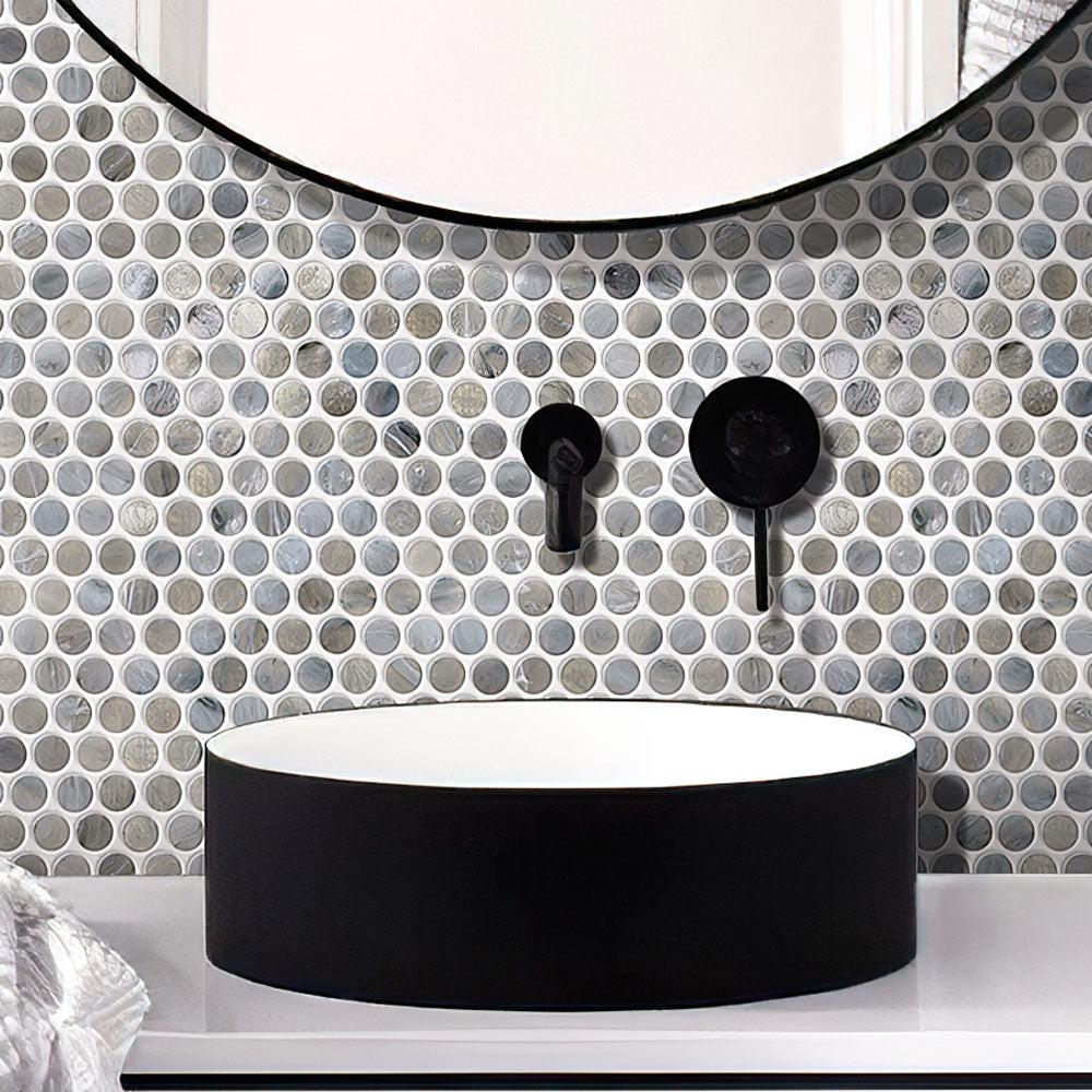 Mixed Gray Glass Penny Round Mosaic Tile | Tile Club