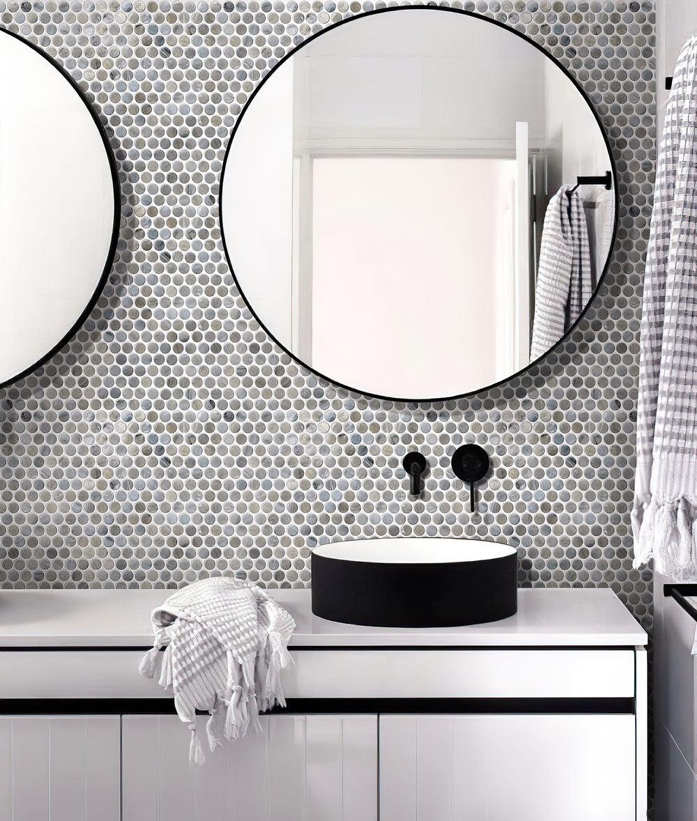 Black & White bathroom with Mixed Gray Glass Penny Round Mosaic Tile  backsplash