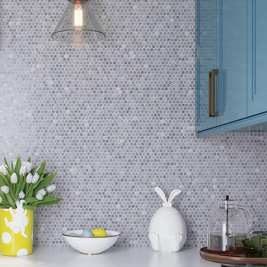 Gray penny tile kitchen backsplash