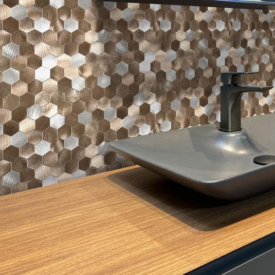 Mixed Metal Hexagon Peel and Stick Tile Bathroom Wall