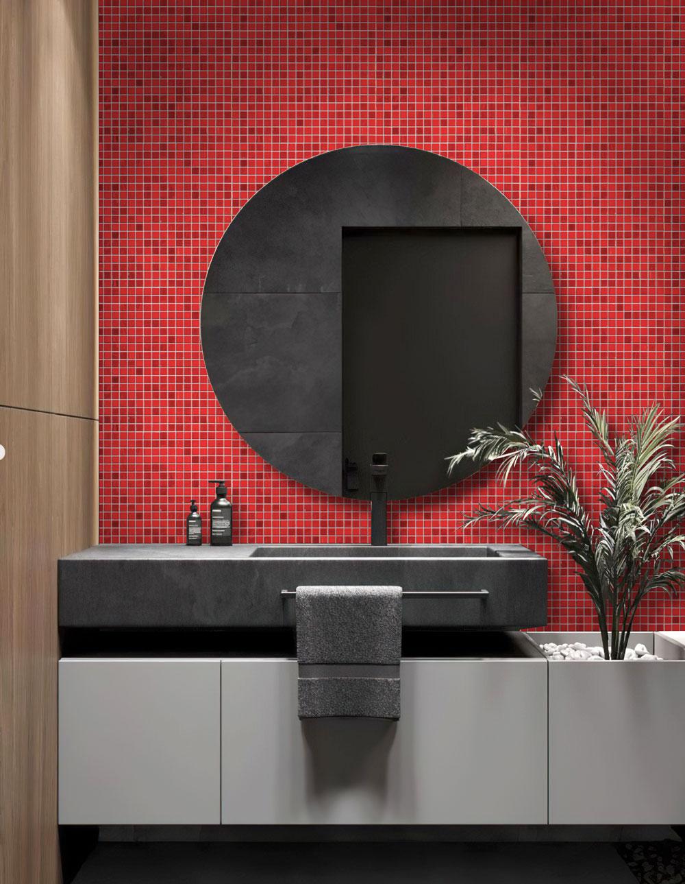 Mixed Red Squares Glass Pool Tile Bathroom Backsplash