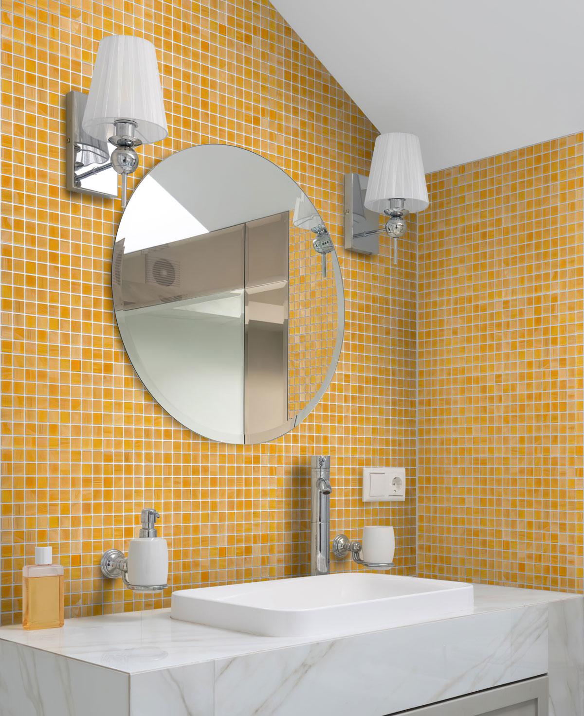 Mixed Tangerine Squares Glass Pool Tile Bathroom Backsplash