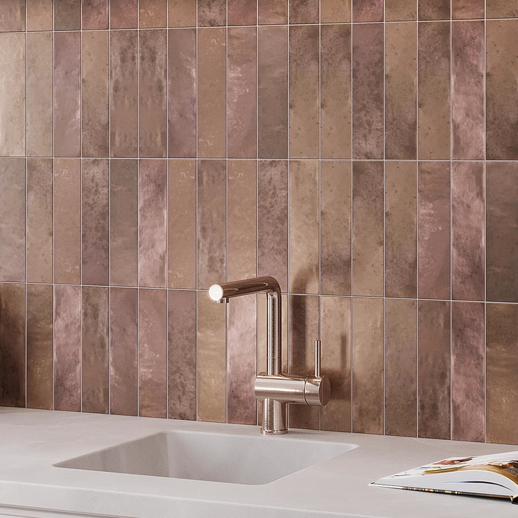 Molten Bronze Brick Ceramic Subway Tile for a Metallic Wet Bar