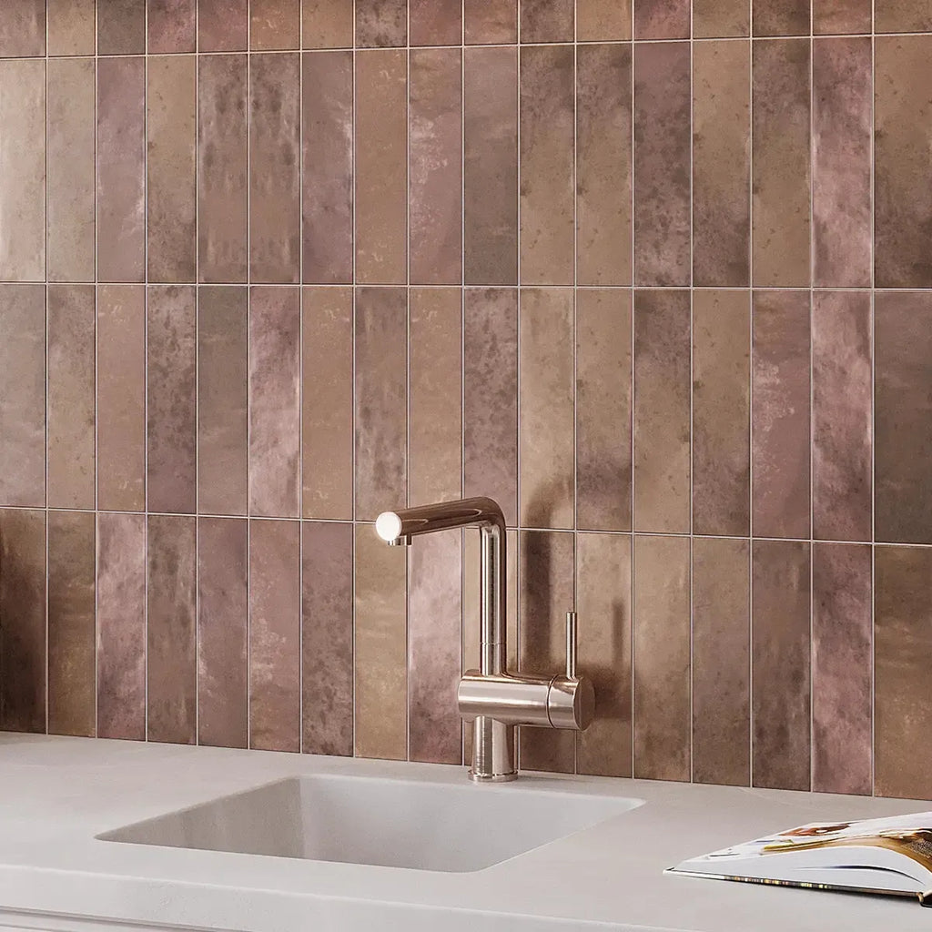 Molten Bronze Brick Ceramic Subway Tile for a Metallic Wet Bar