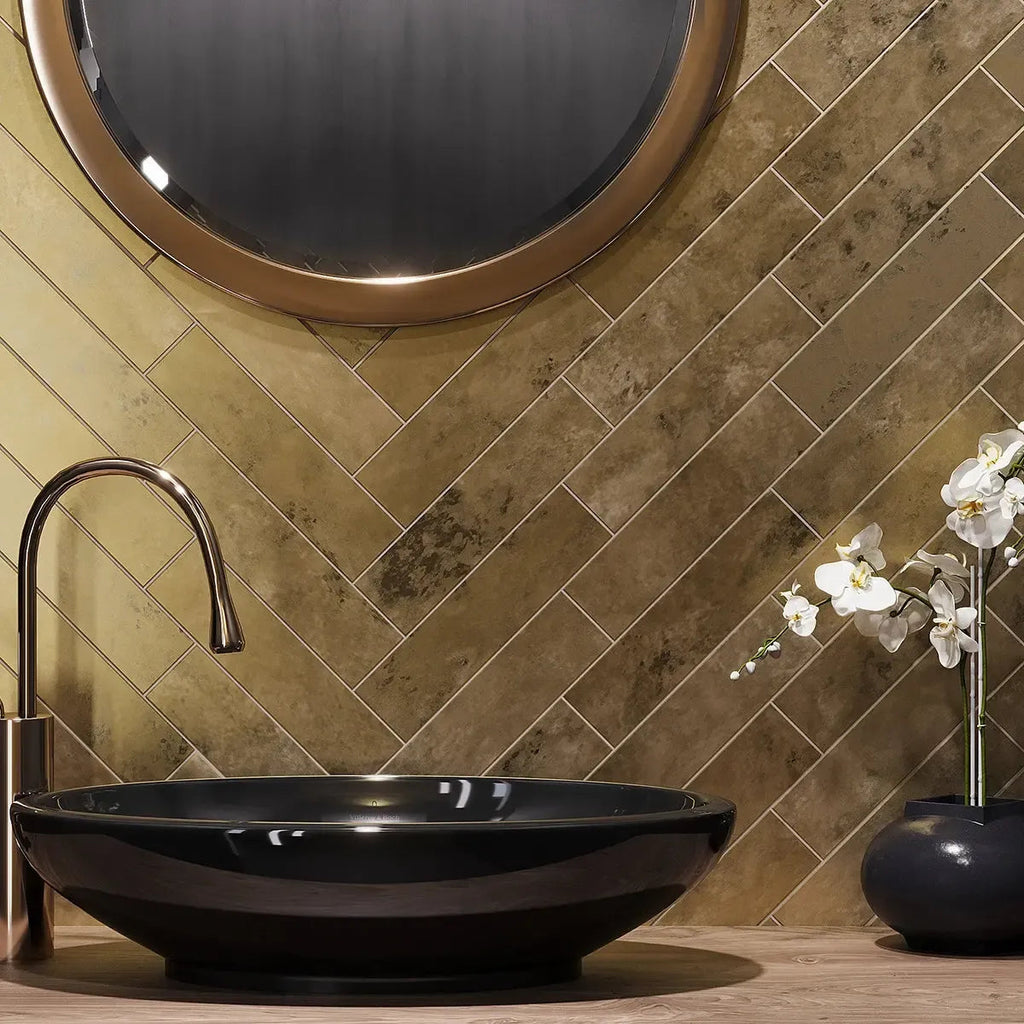Molten Gold Brick Ceramic Subway Tile for a Herringbone Backsplash