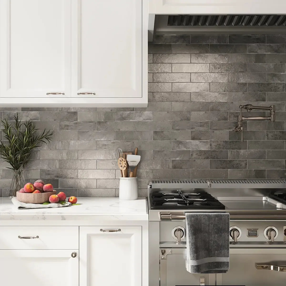 White and silver kitchen backsplash with Molten Pewter Brick Ceramic Subway Tile
