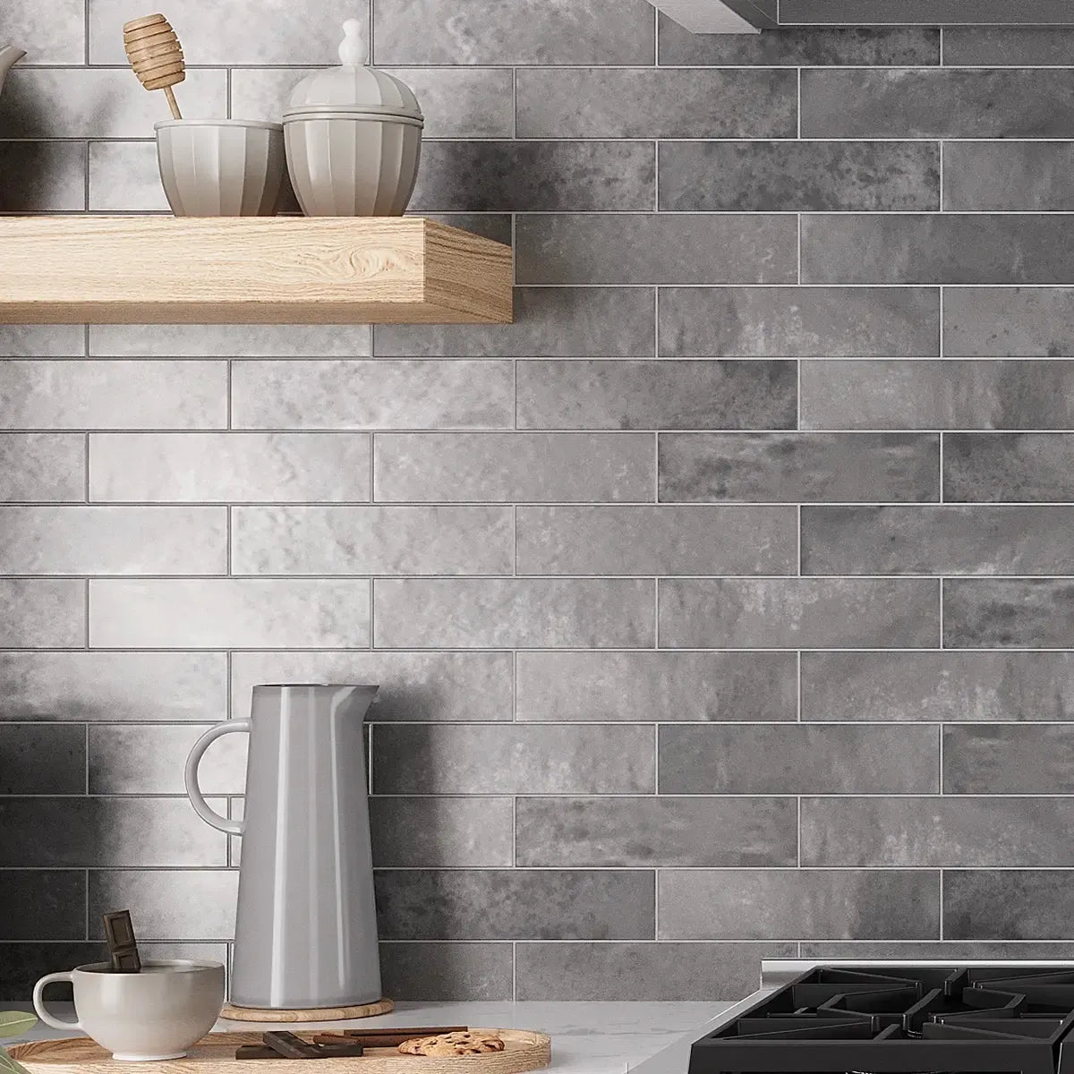 Molten Pewter Brick Ceramic Subway Tile for a Metallic Backsplash