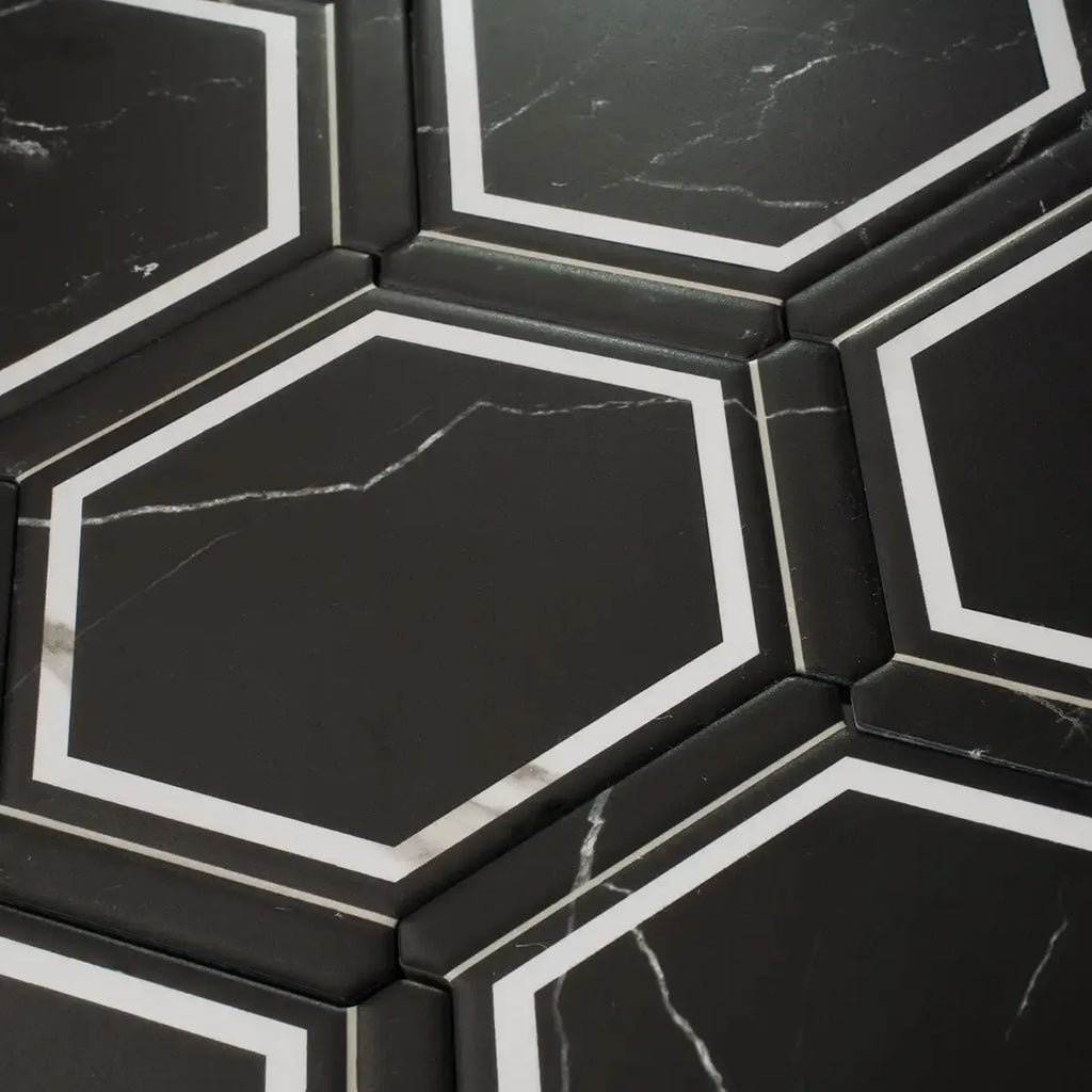 Montura Black and White Marbled Porcelain Hexagon Tile | Tile Club