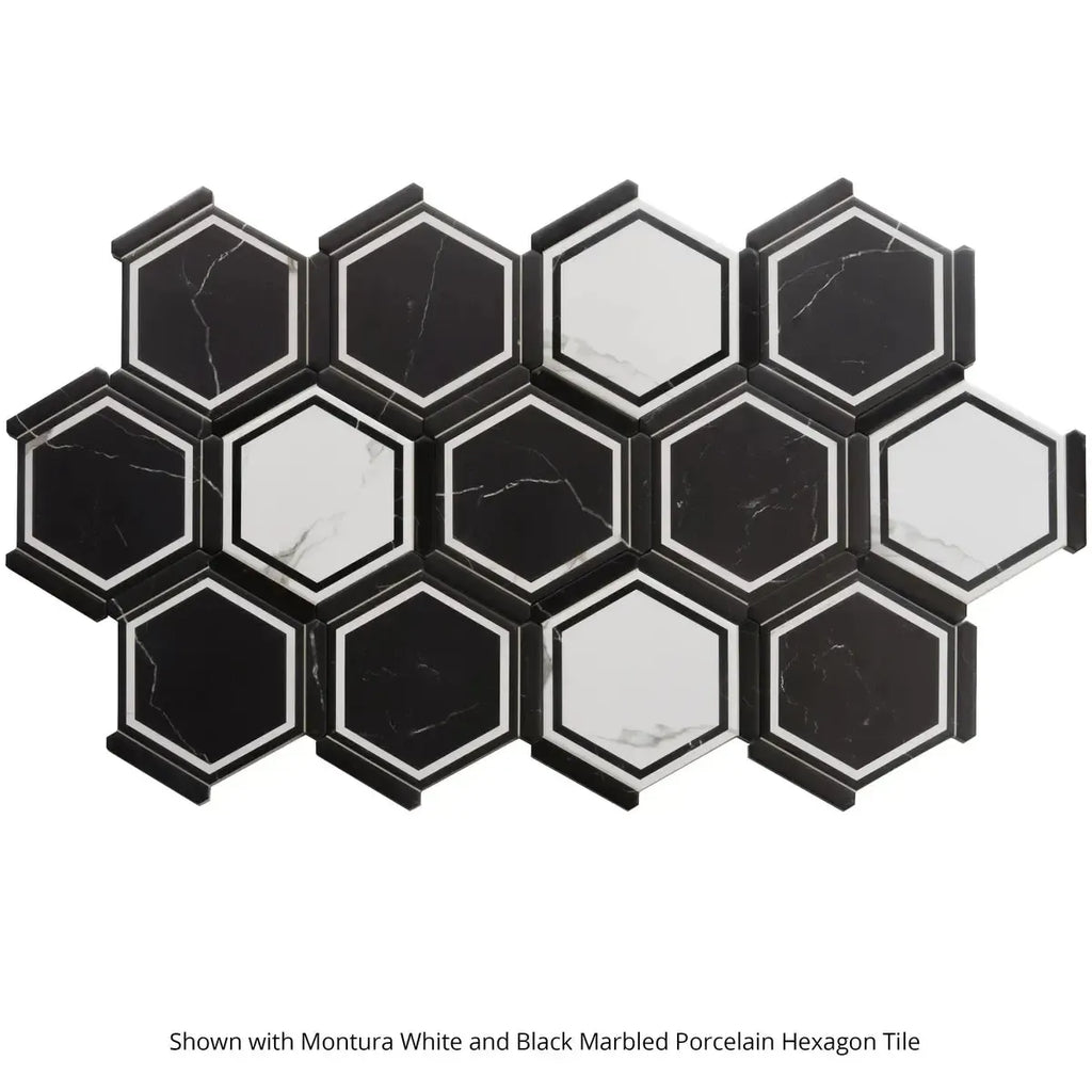 Montura Black and White Marbled Porcelain Hexagon Tile | Tile Club