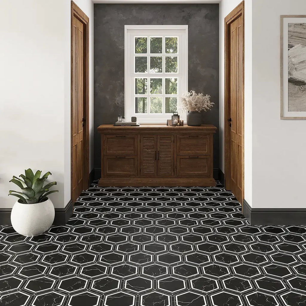 Montura Black and White Marbled Porcelain Hexagon Tile | Tile Club