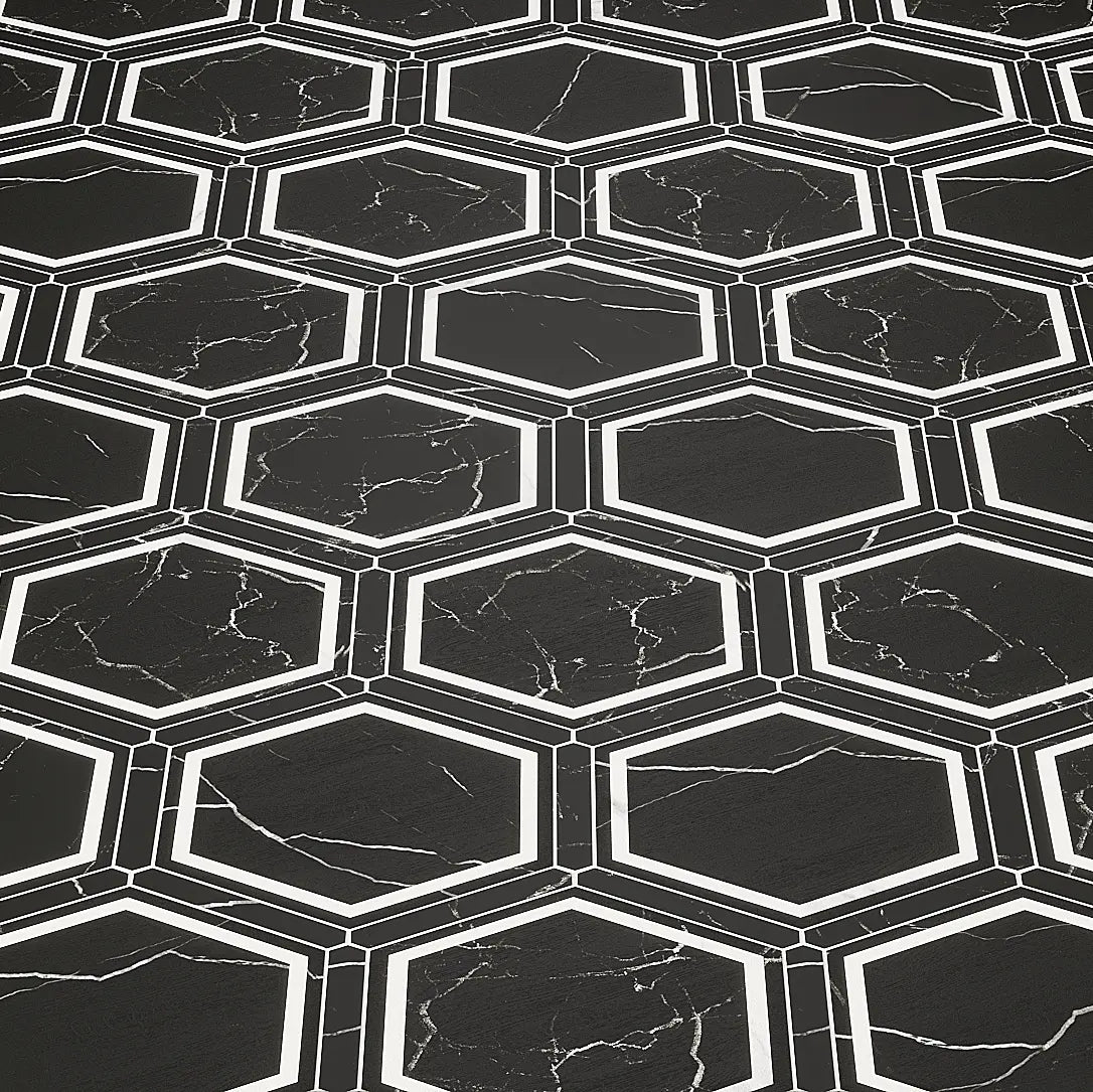 Montura Black and White Marbled Porcelain Hexagon Tile
