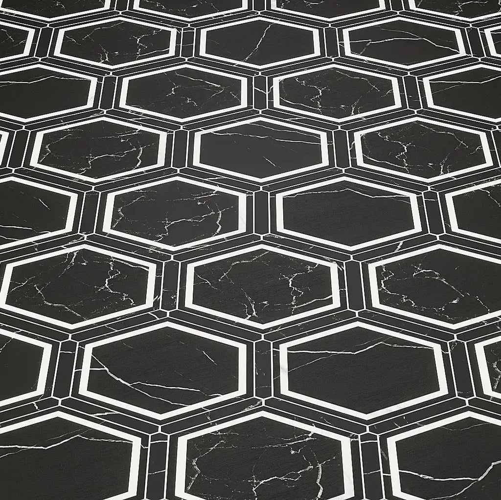 Montura Black and White Marbled Porcelain Hexagon Tile | Tile Club