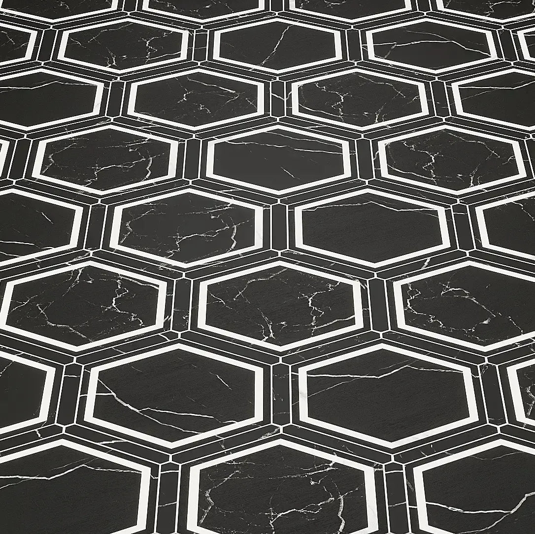 Montura Black and White Marbled Porcelain Hexagon Tile | Tile Club