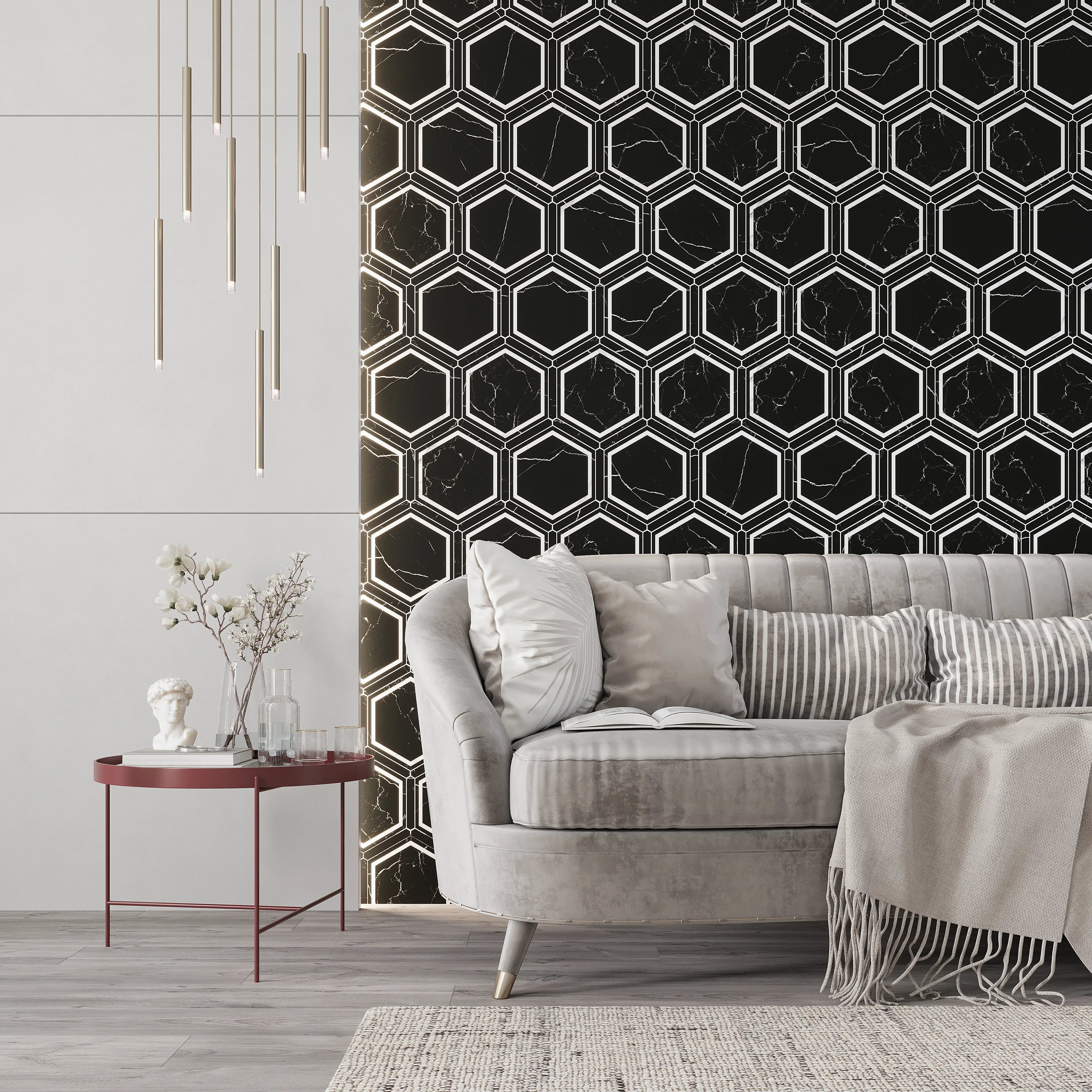 Montura Black and White Marbled Porcelain Hexagon Tile