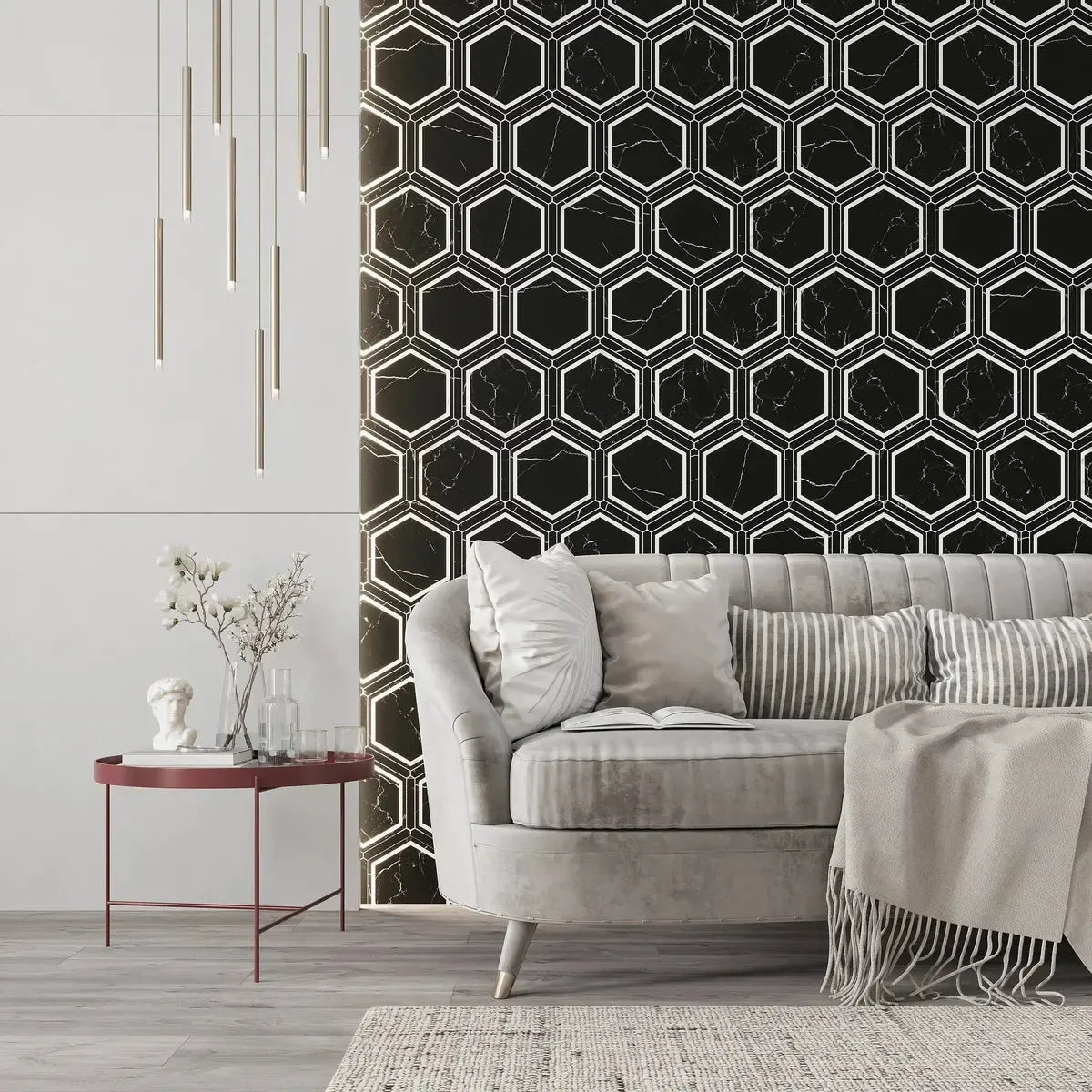 Montura Black and White Marbled Porcelain Hexagon Tile | Tile Club