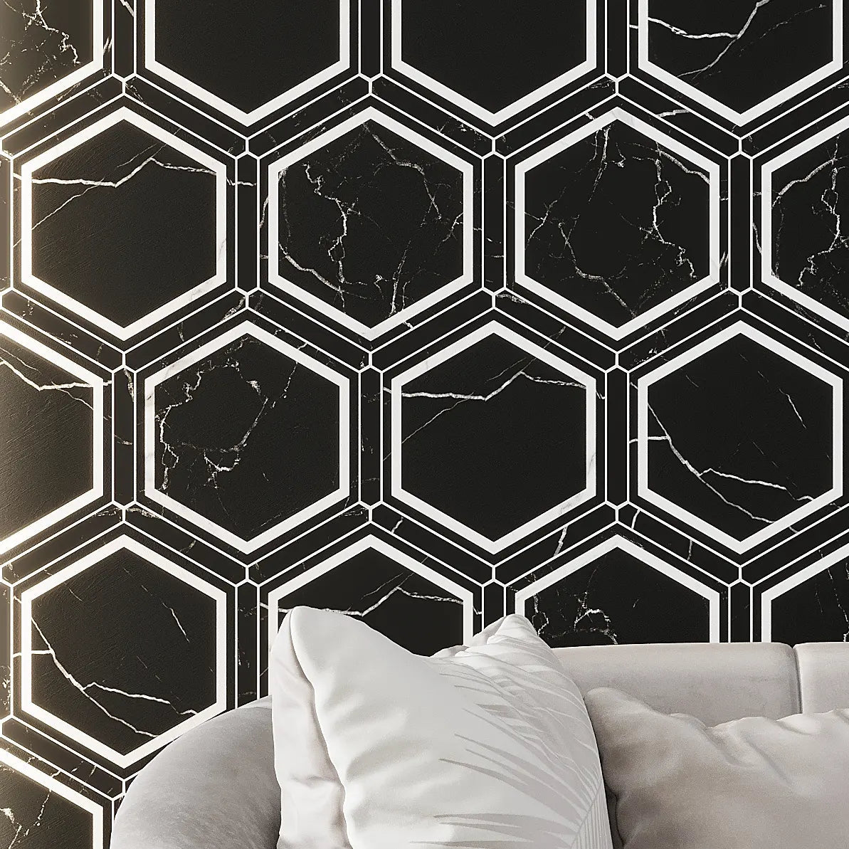 Montura Black and White Marbled Porcelain Hexagon Tile Accent Wall