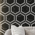 Montura Black and White Marbled Porcelain Hexagon Tile Accent Wall