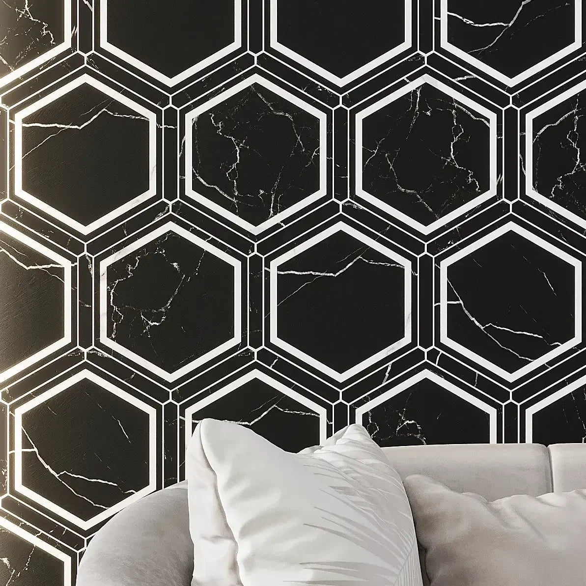 Montura Black and White Marbled Porcelain Hexagon Tile Accent Wall