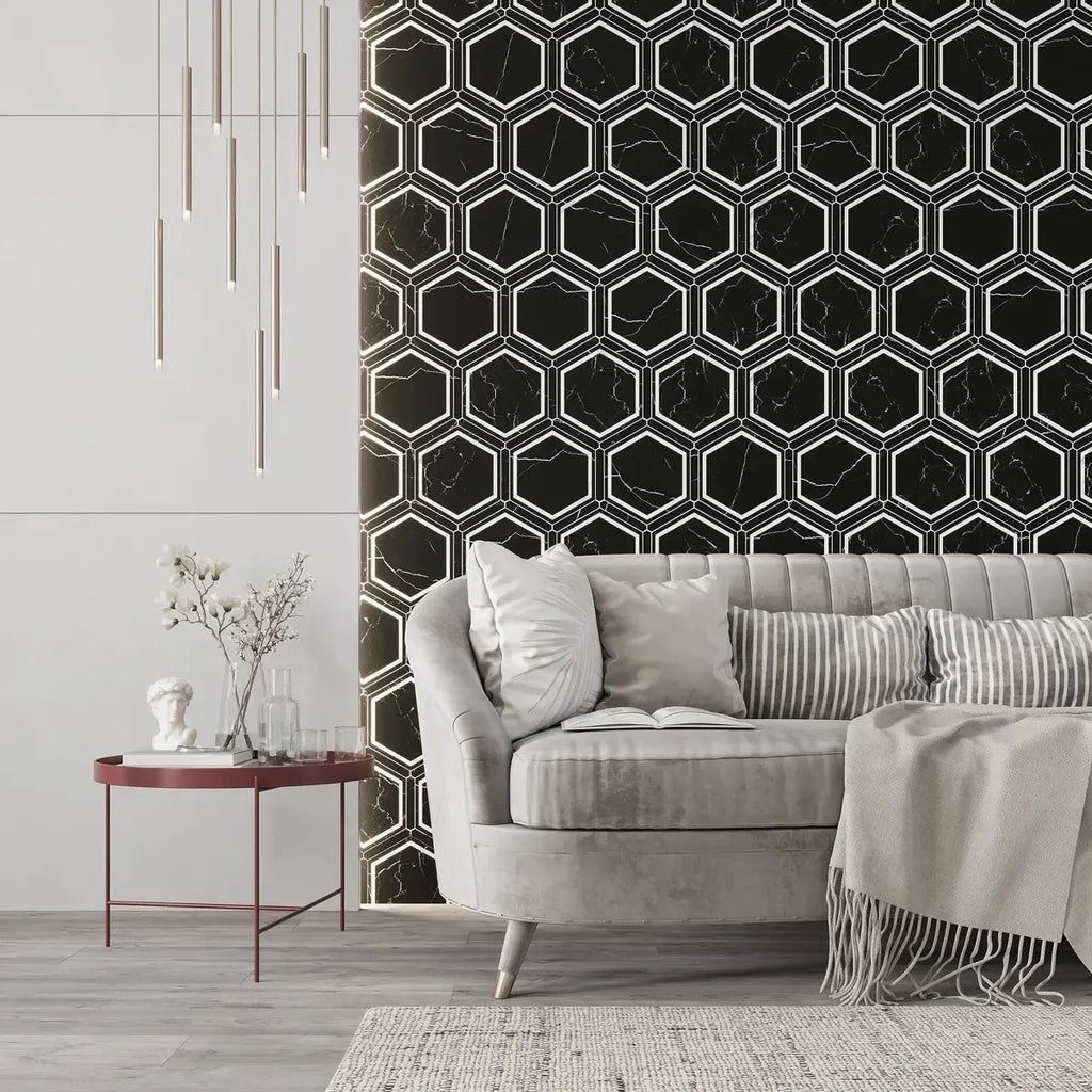 Montura Black and White Marbled Porcelain Hexagon Tile | Tile Club