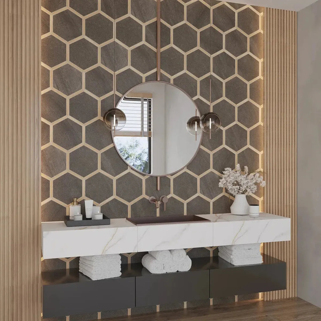 Montura Charcoal Concrete Porcelain Hexagon Tile | Tile Club