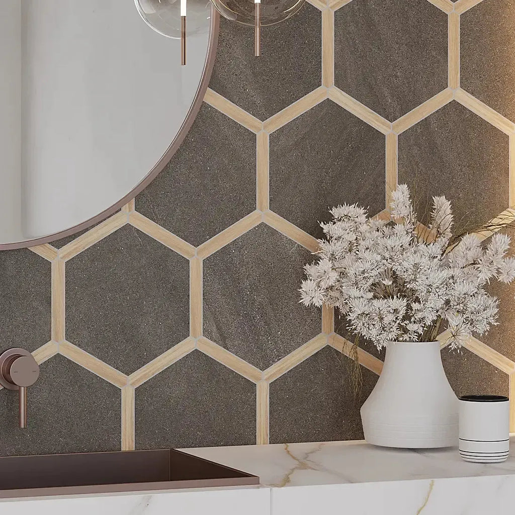 Montura Charcoal Concrete Porcelain Hexagon Tile Geometric Bathroom Backsplash