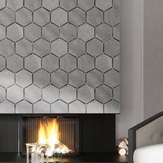 Montura Gray Cement Porcelain Hexagon Tile Fireplace Facing