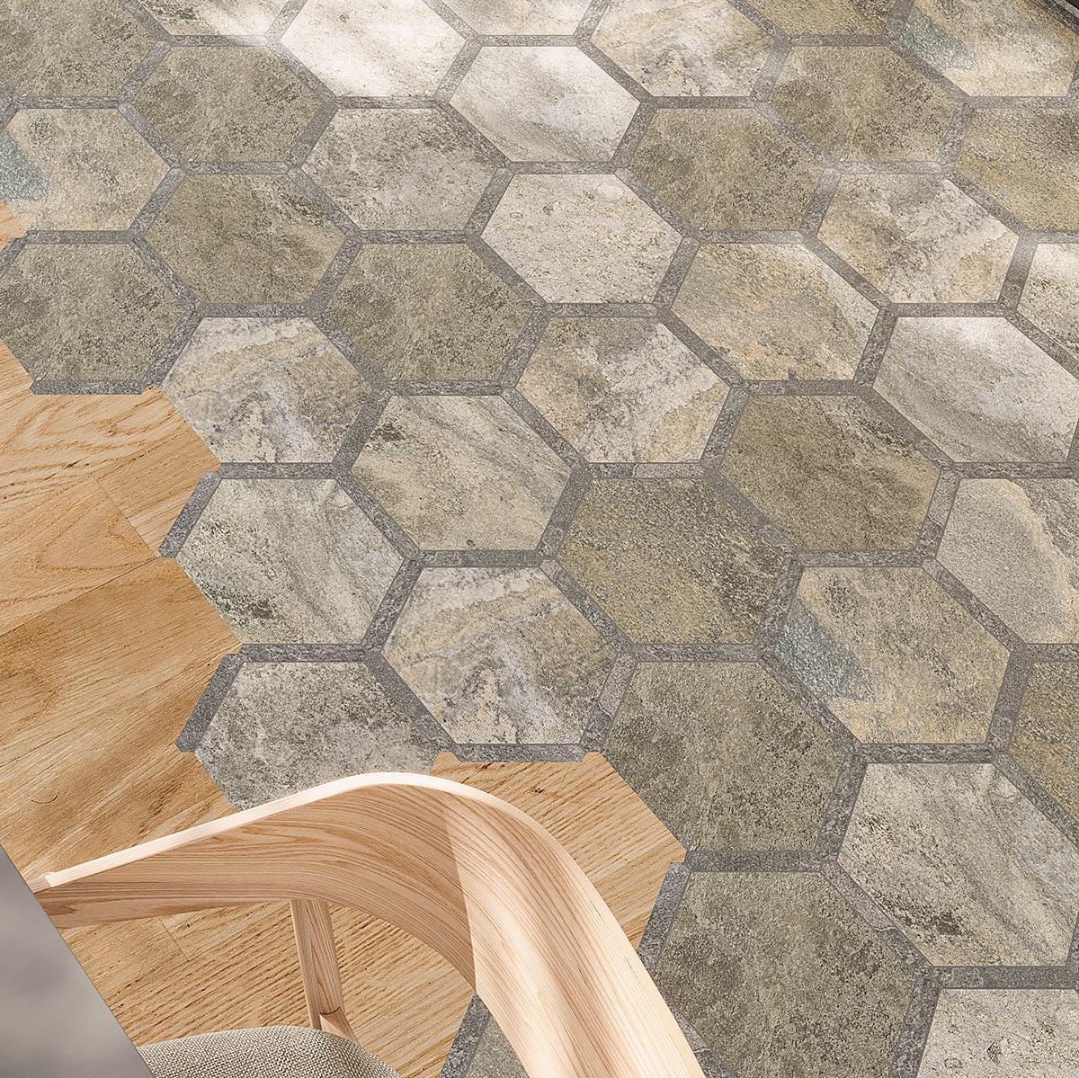 Gray Granite-look porcelain hexagon floor tiles